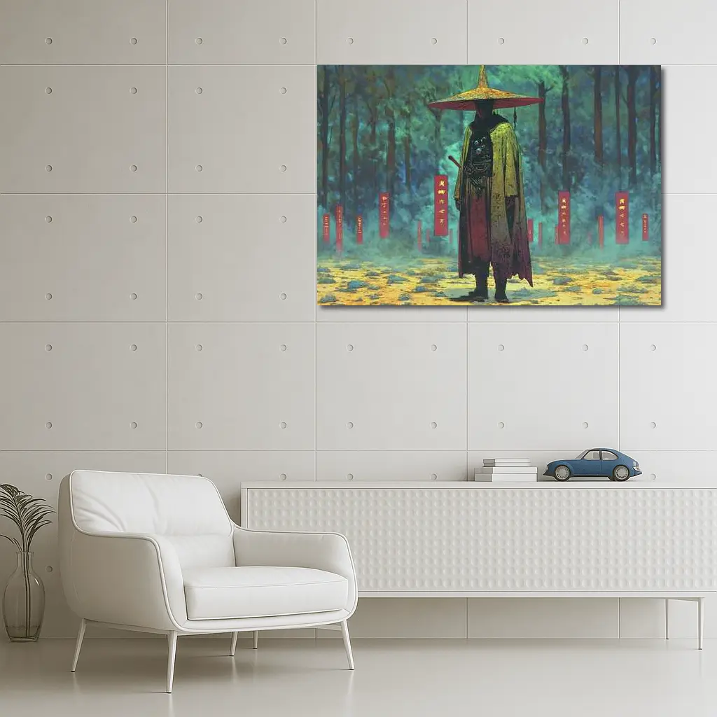Samurai Warrior Standing in Misty Forest – Wall Art