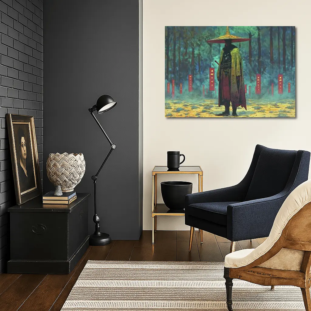 Samurai Warrior Standing in Misty Forest – Wall Art