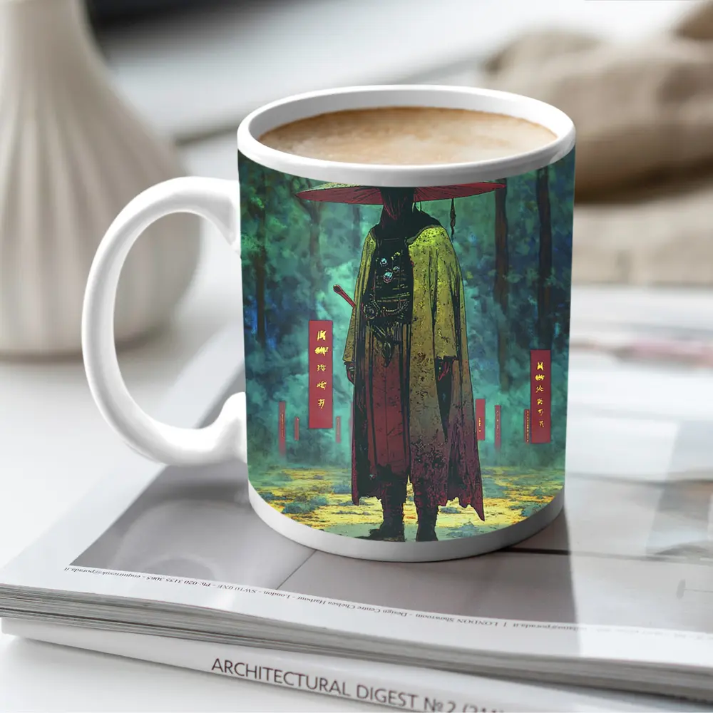 Samurai Warrior Standing in Misty Forest – Mugs