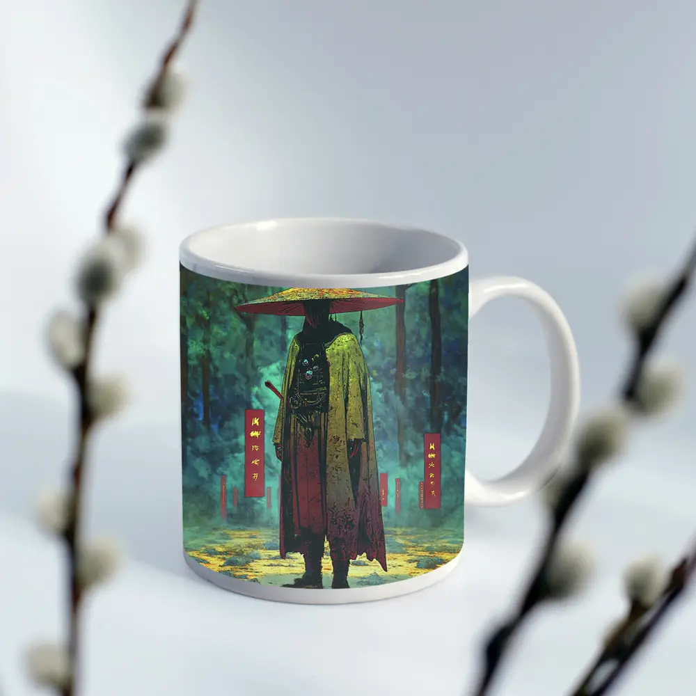 Samurai Warrior Standing in Misty Forest – Mugs