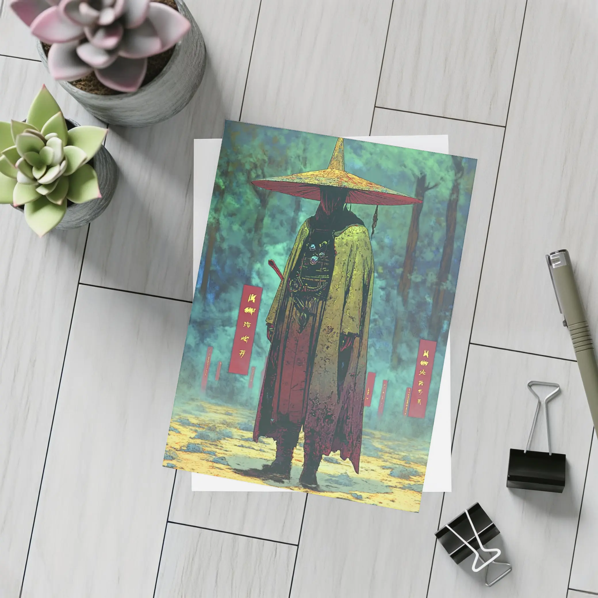 Samurai Warrior Standing in Misty Forest – Postcards
