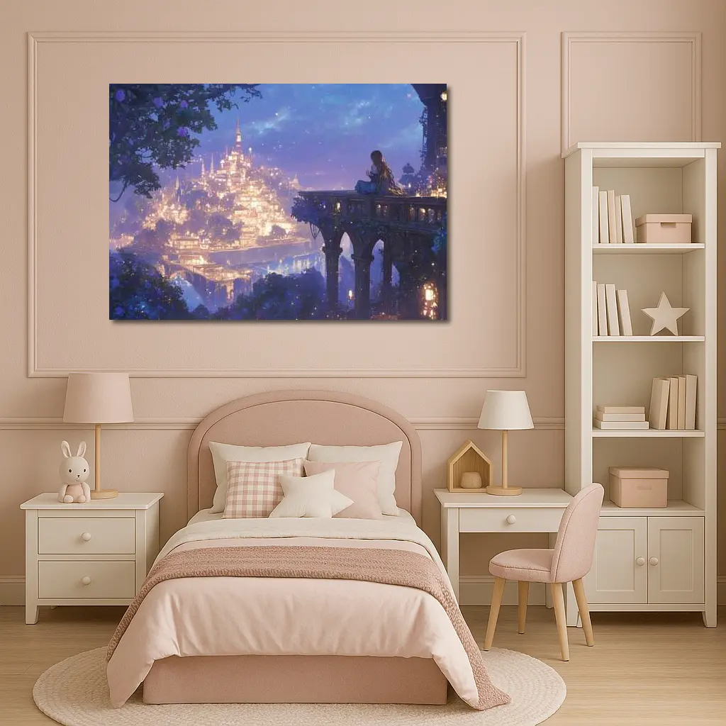 Anime Girl Overlooking Glowing Fantasy City – Wall Art