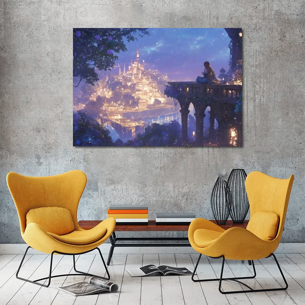 Anime Girl Overlooking Glowing Fantasy City – Wall Art