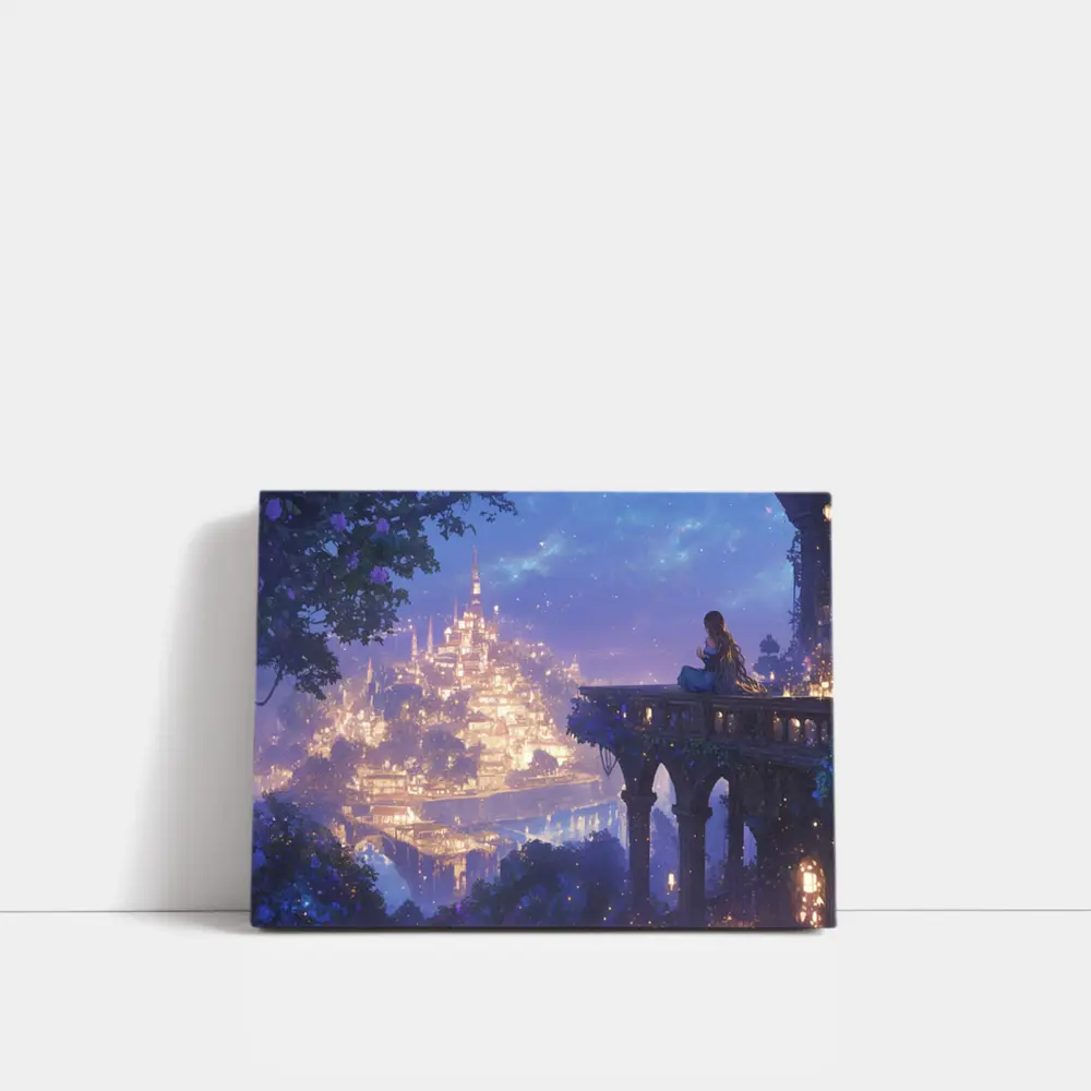 Anime Girl Overlooking Glowing Fantasy City – Wall Art