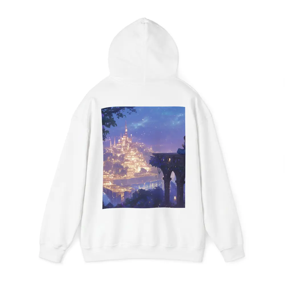 Anime Girl Overlooking Glowing Fantasy City – Hoodies