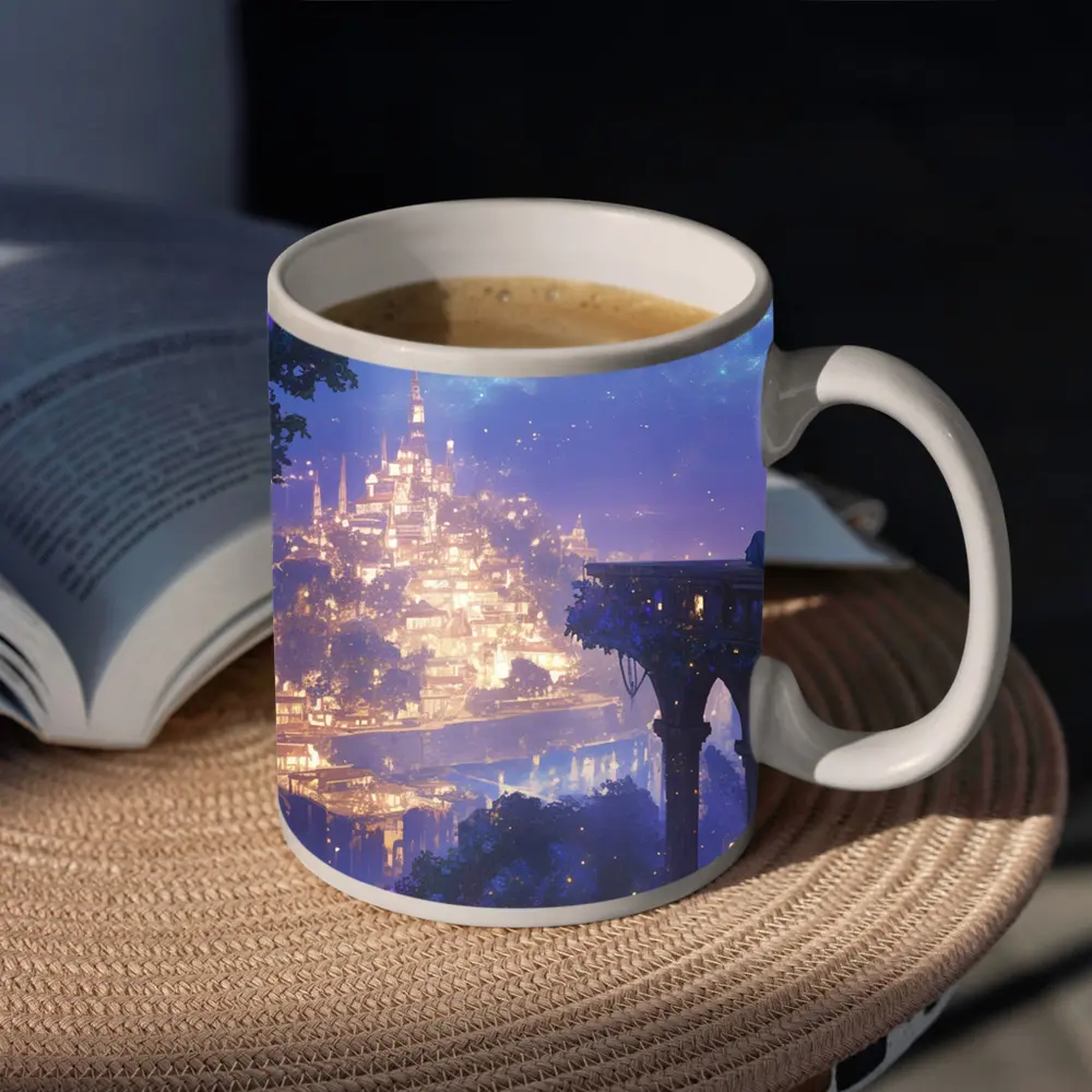 Anime Girl Overlooking Glowing Fantasy City – Mugs