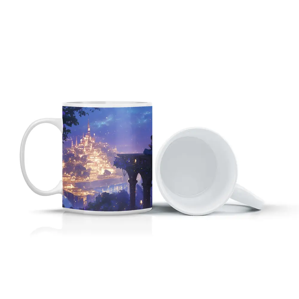Anime Girl Overlooking Glowing Fantasy City – Mugs