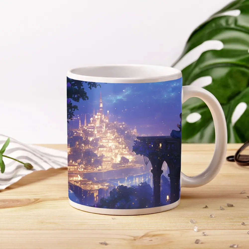 Anime Girl Overlooking Glowing Fantasy City – Mugs