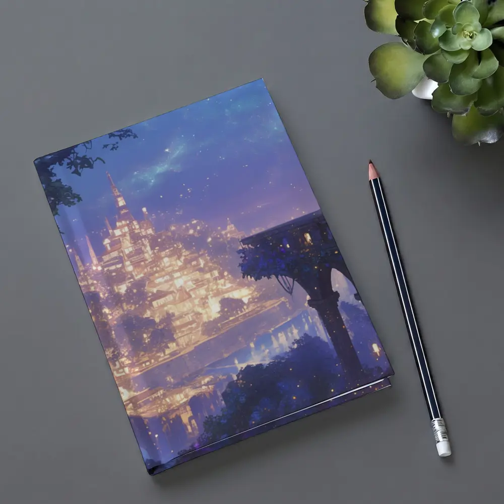 Anime Girl Overlooking Glowing Fantasy City – Notebooks