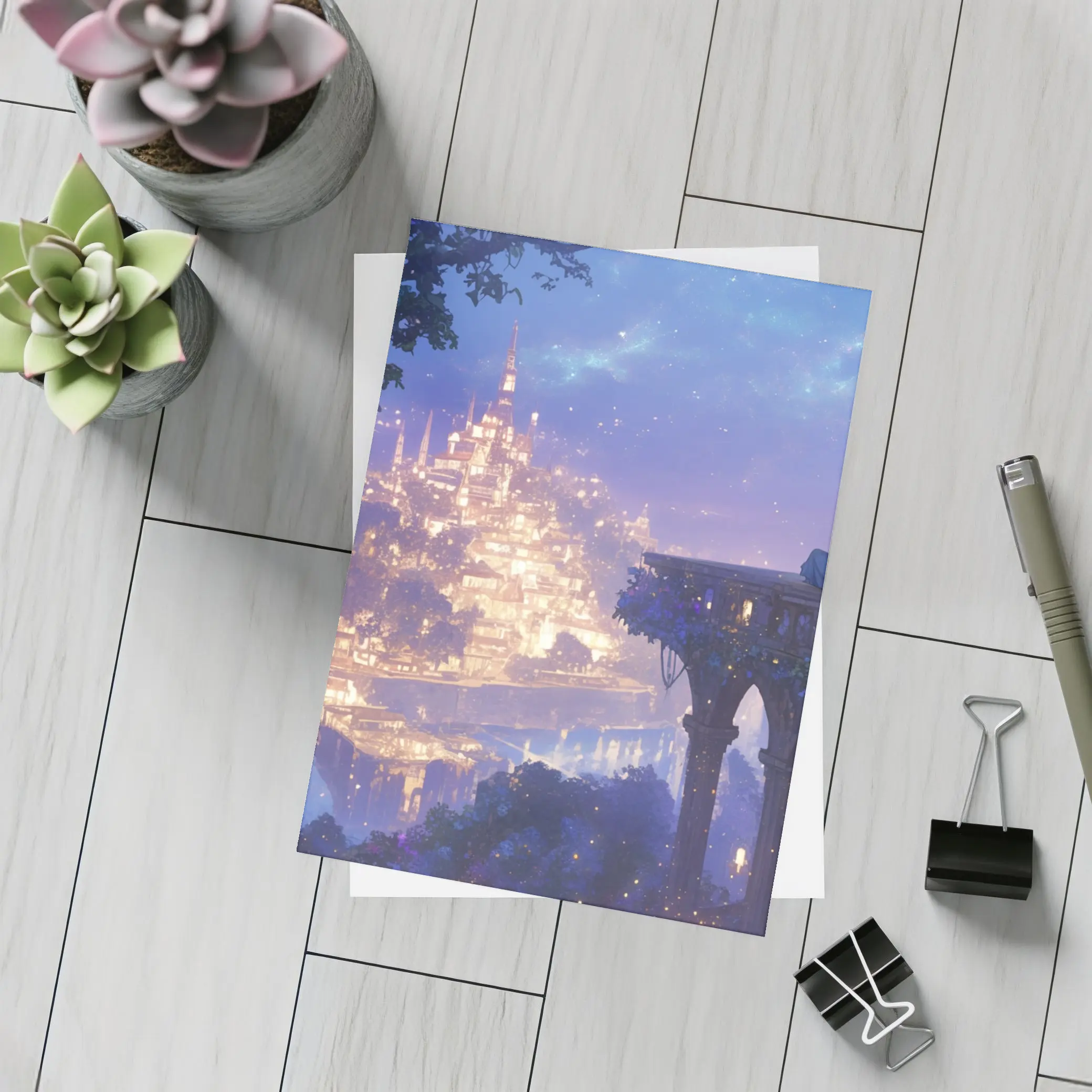 Anime Girl Overlooking Glowing Fantasy City – Postcards