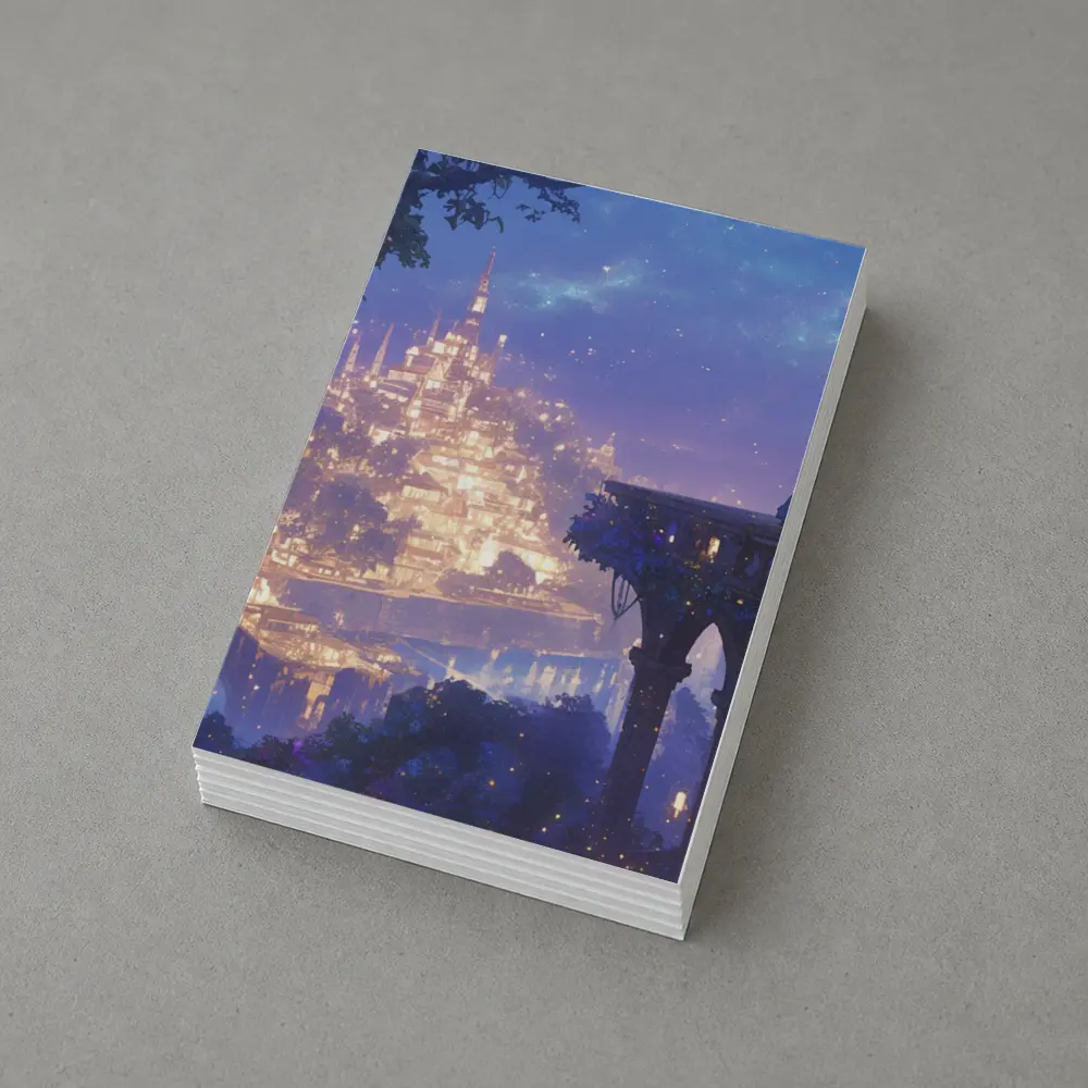 Anime Girl Overlooking Glowing Fantasy City – Postcards