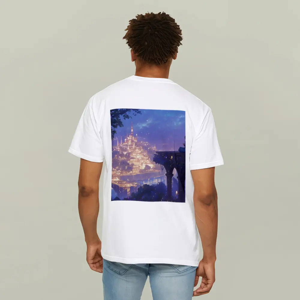 Anime Girl Overlooking Glowing Fantasy City – T-Shirts