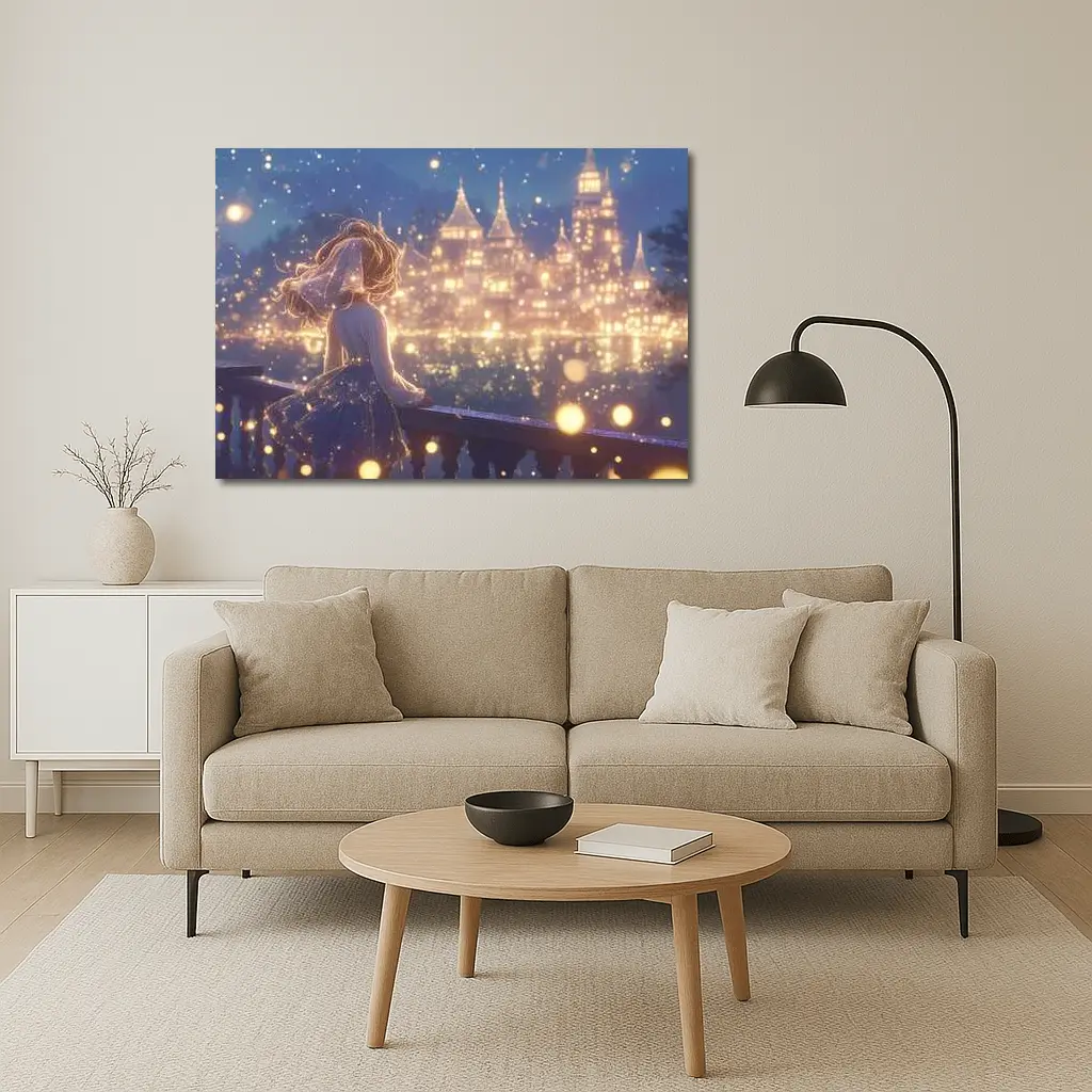 Anime Girl Watching Glowing Fantasy Castle Night – Wall Art