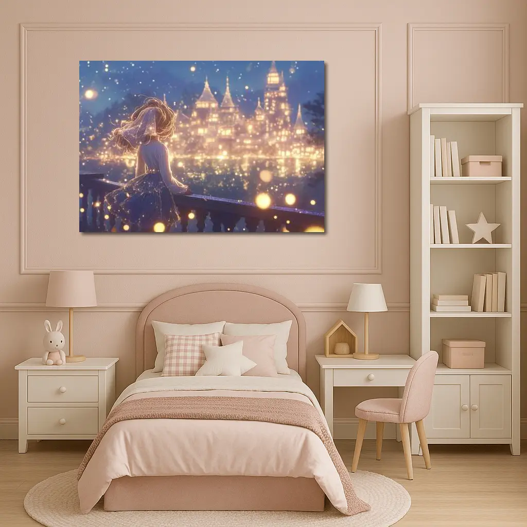 Anime Girl Watching Glowing Fantasy Castle Night – Wall Art