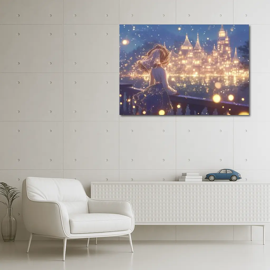 Anime Girl Watching Glowing Fantasy Castle Night – Wall Art