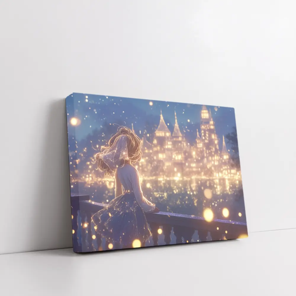 Anime Girl Watching Glowing Fantasy Castle Night – Wall Art
