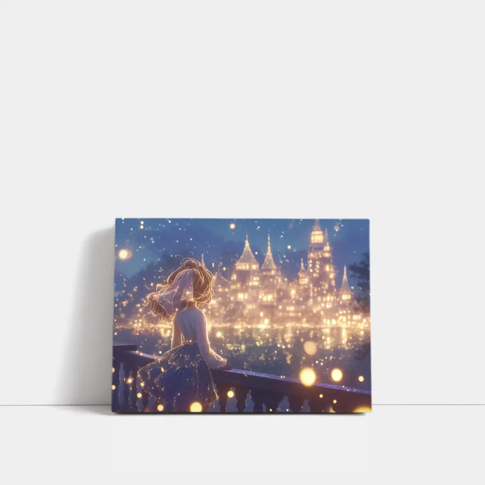 Anime Girl Watching Glowing Fantasy Castle Night – Wall Art