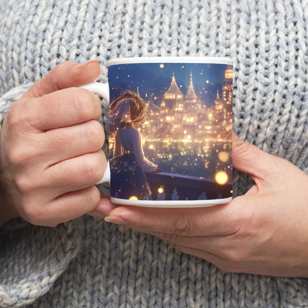 Anime Girl Watching Glowing Fantasy Castle Night – Mugs