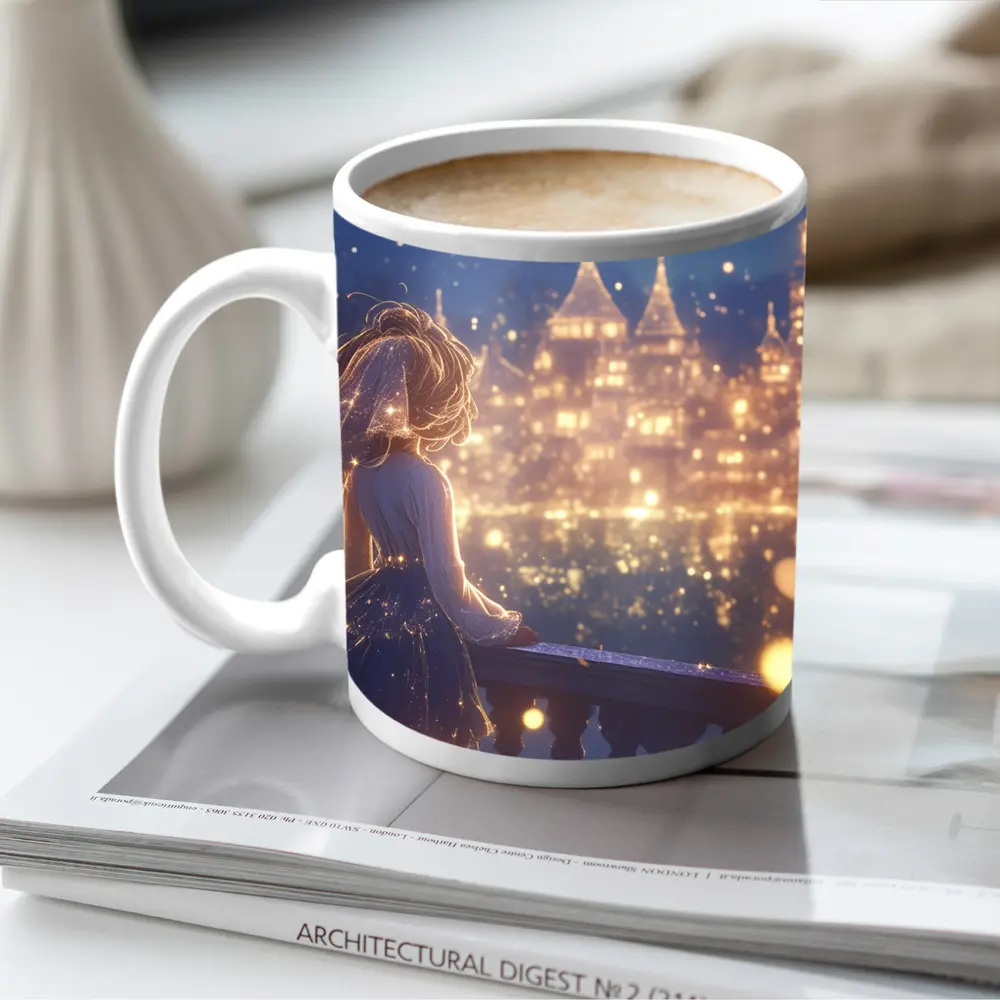 Anime Girl Watching Glowing Fantasy Castle Night – Mugs