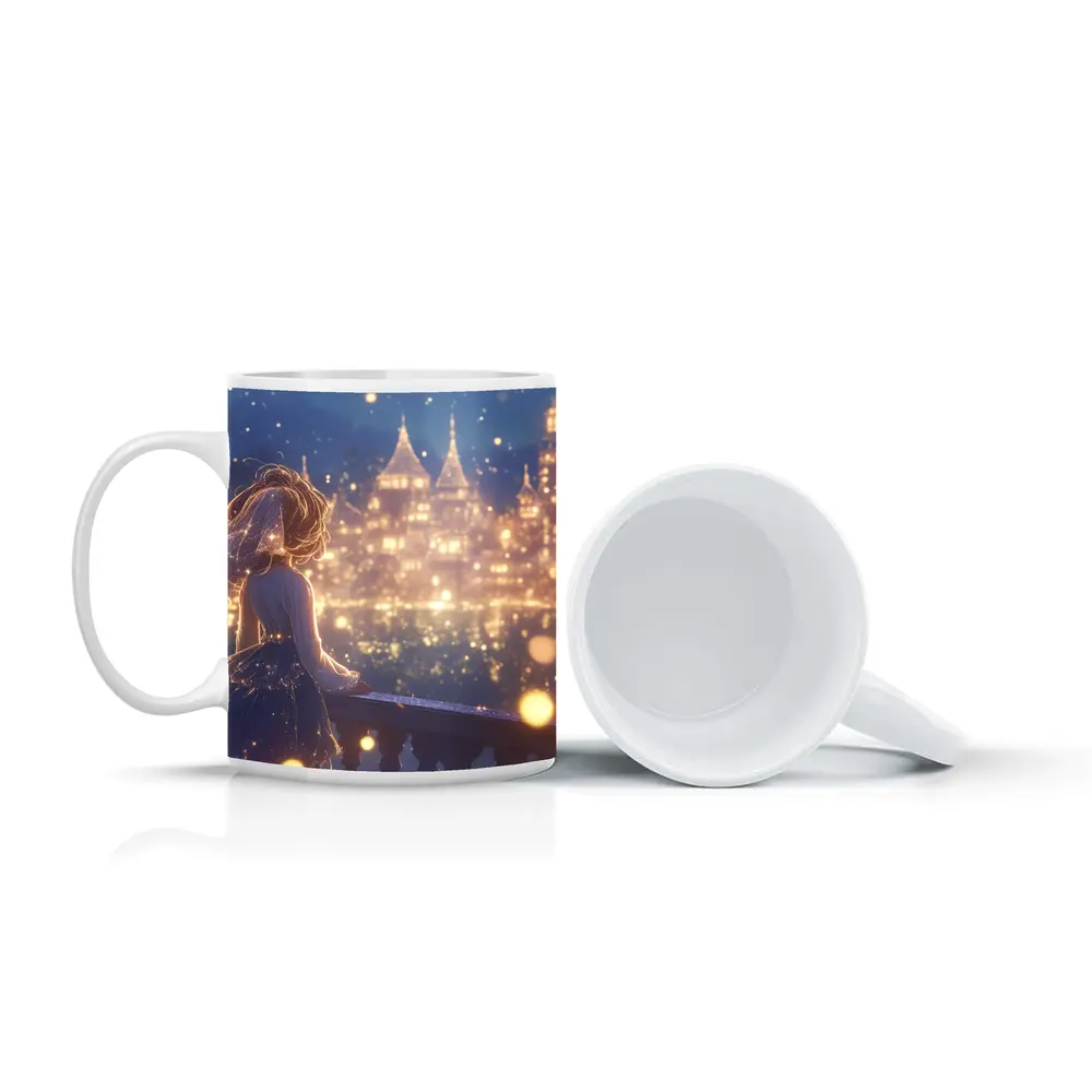 Anime Girl Watching Glowing Fantasy Castle Night – Mugs