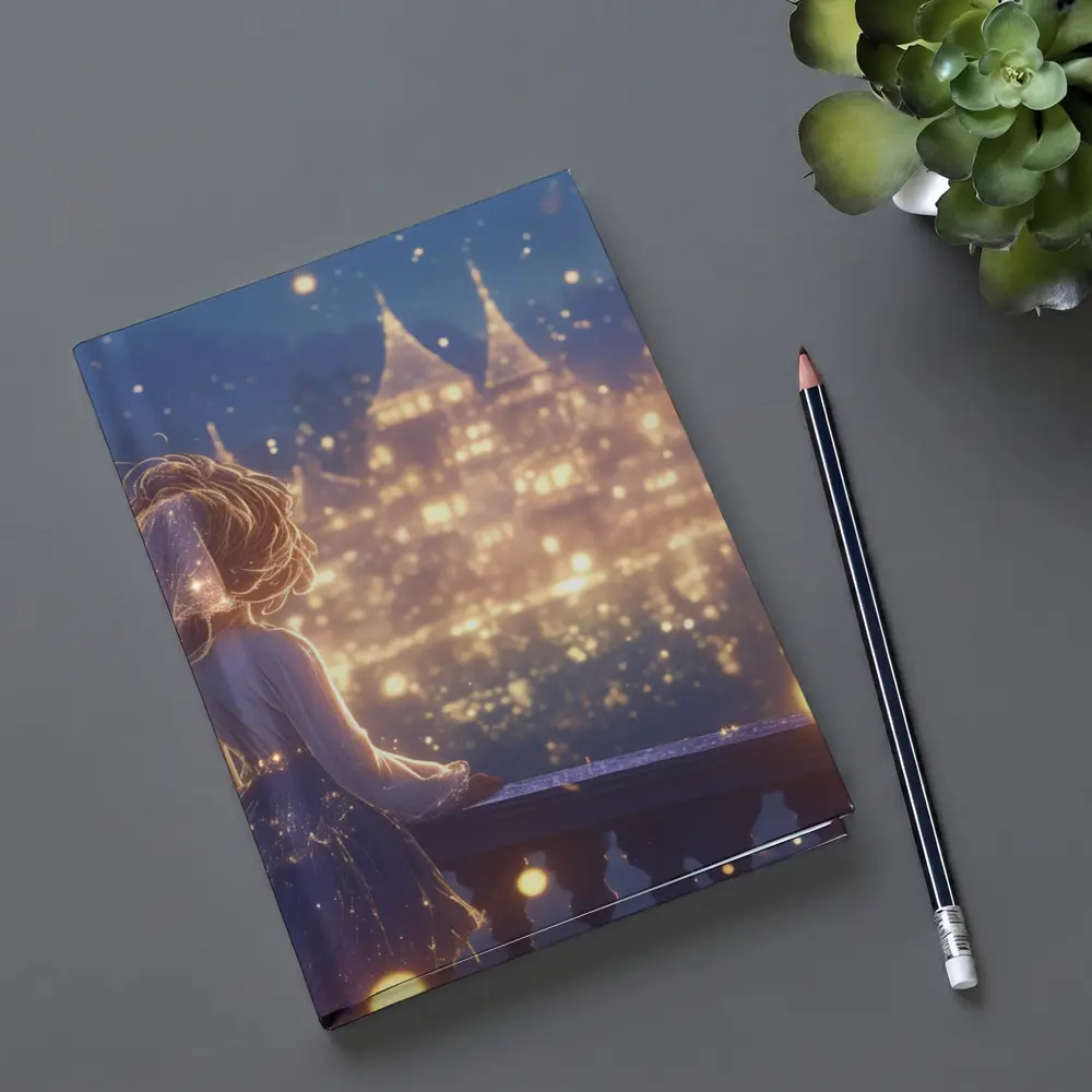 Anime Girl Watching Glowing Fantasy Castle Night – Notebooks