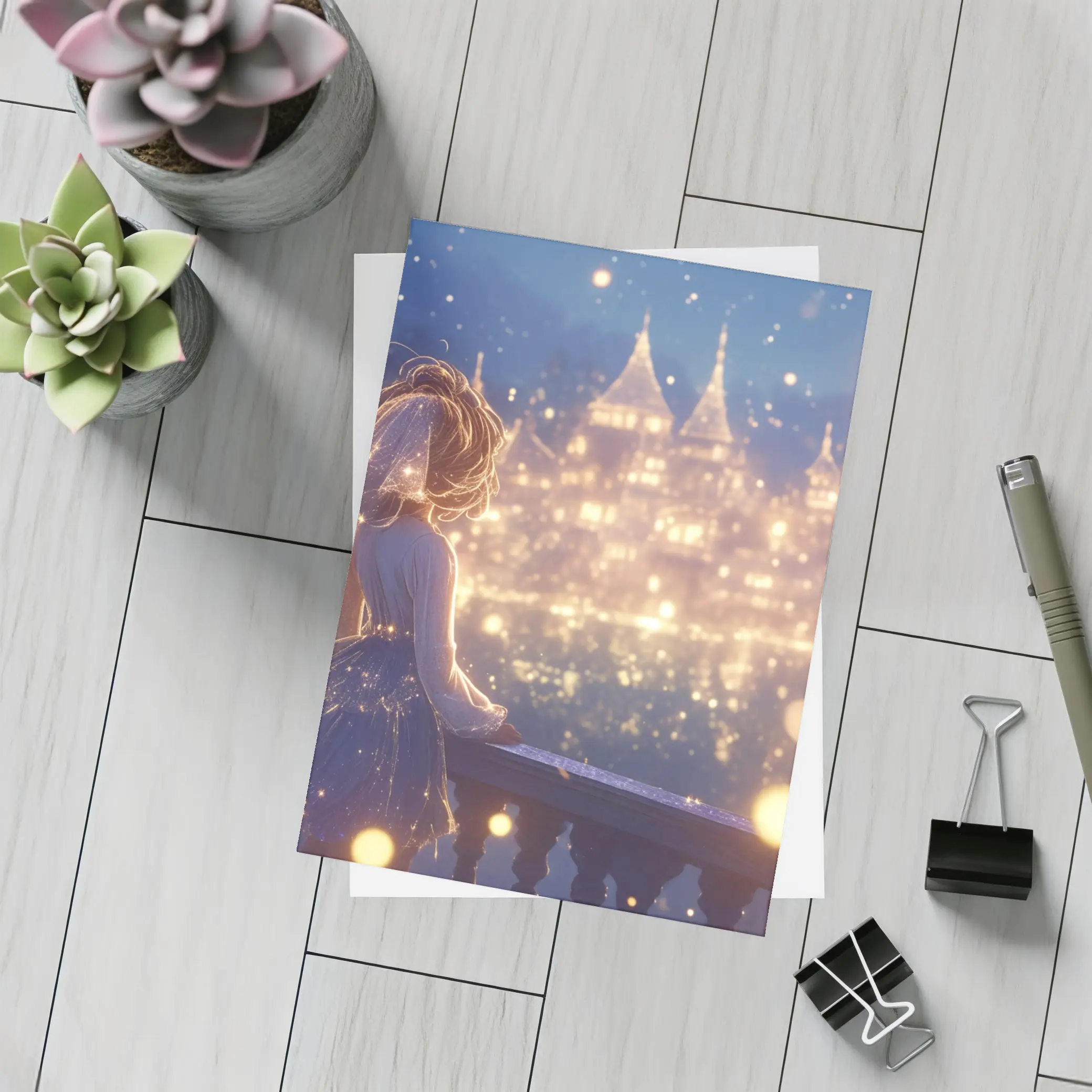 Anime Girl Watching Glowing Fantasy Castle Night – Postcards