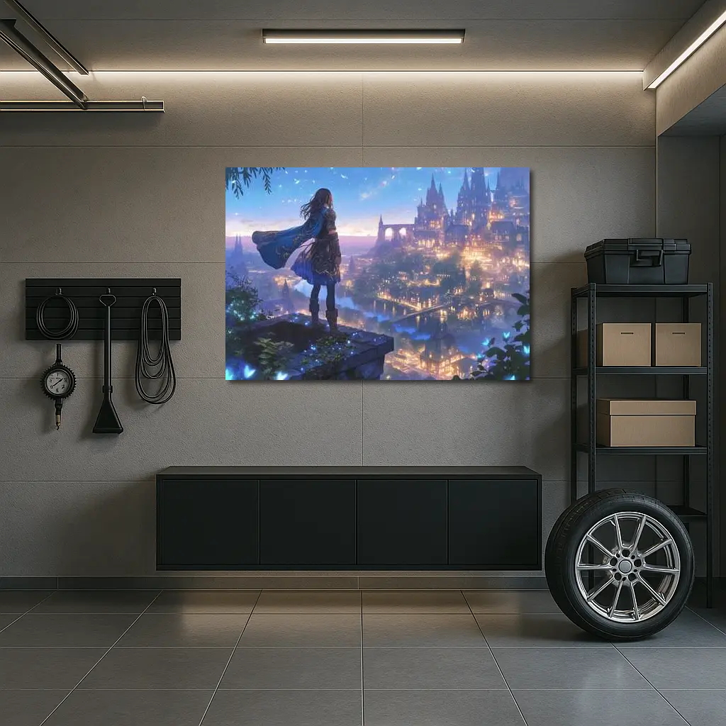 Anime Knight Overlooking Fantasy Castle City – Wall Art