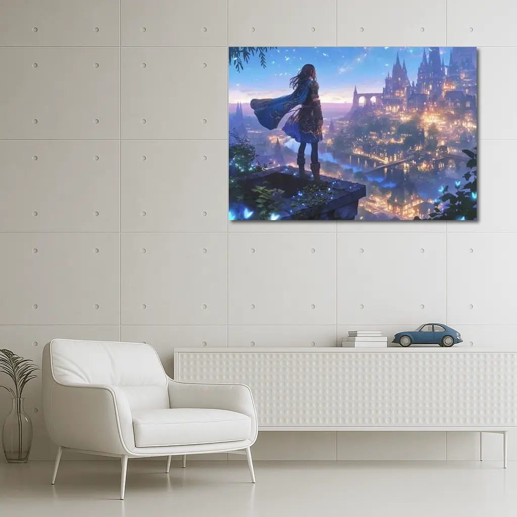 Anime Knight Overlooking Fantasy Castle City – Wall Art
