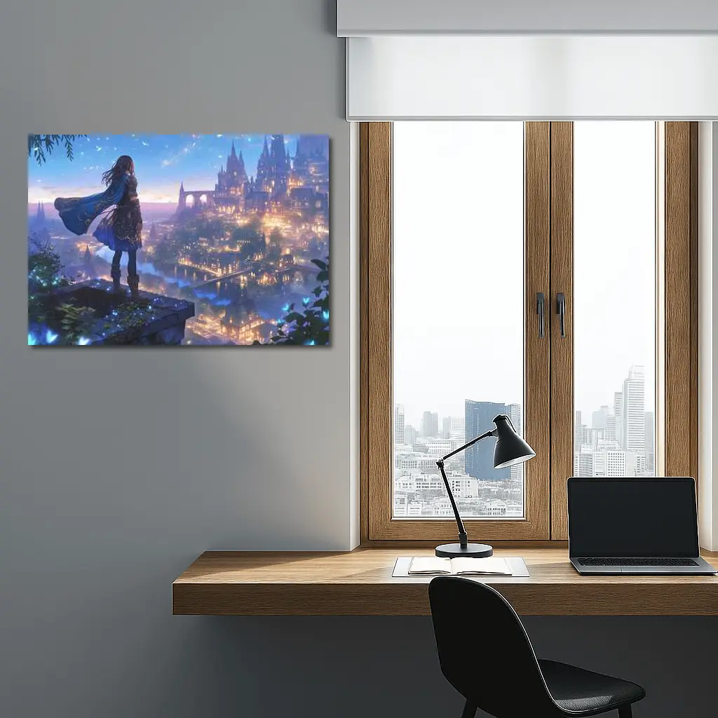 Anime Knight Overlooking Fantasy Castle City – Wall Art