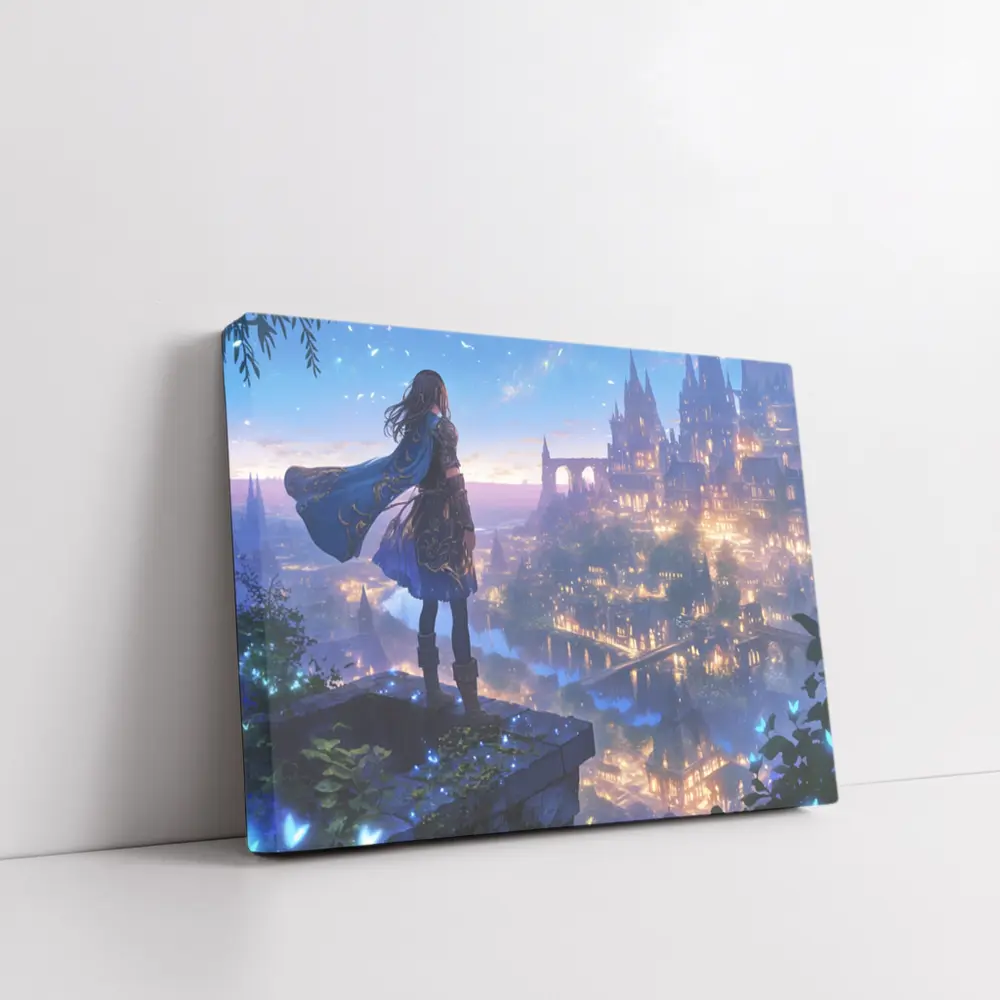 Anime Knight Overlooking Fantasy Castle City – Wall Art