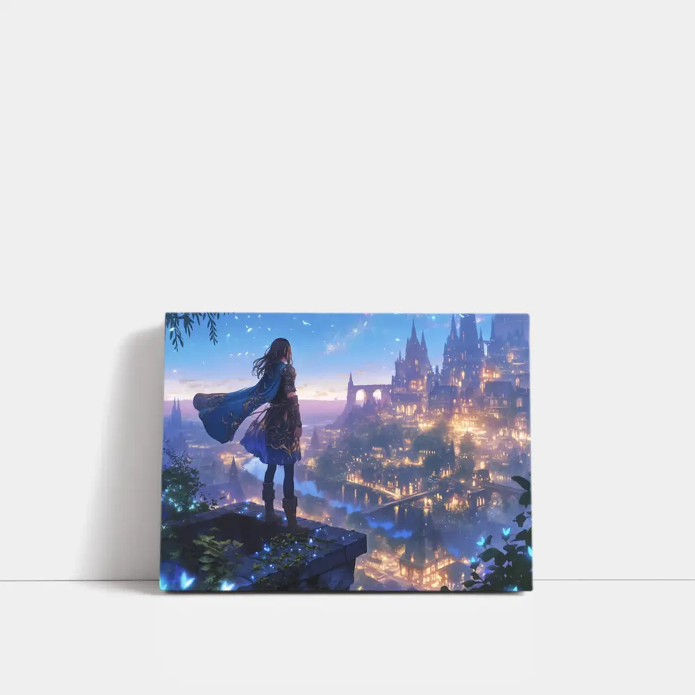 Anime Knight Overlooking Fantasy Castle City – Wall Art