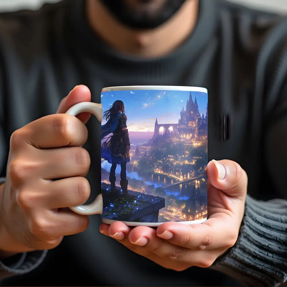 Anime Knight Overlooking Fantasy Castle City – Mugs