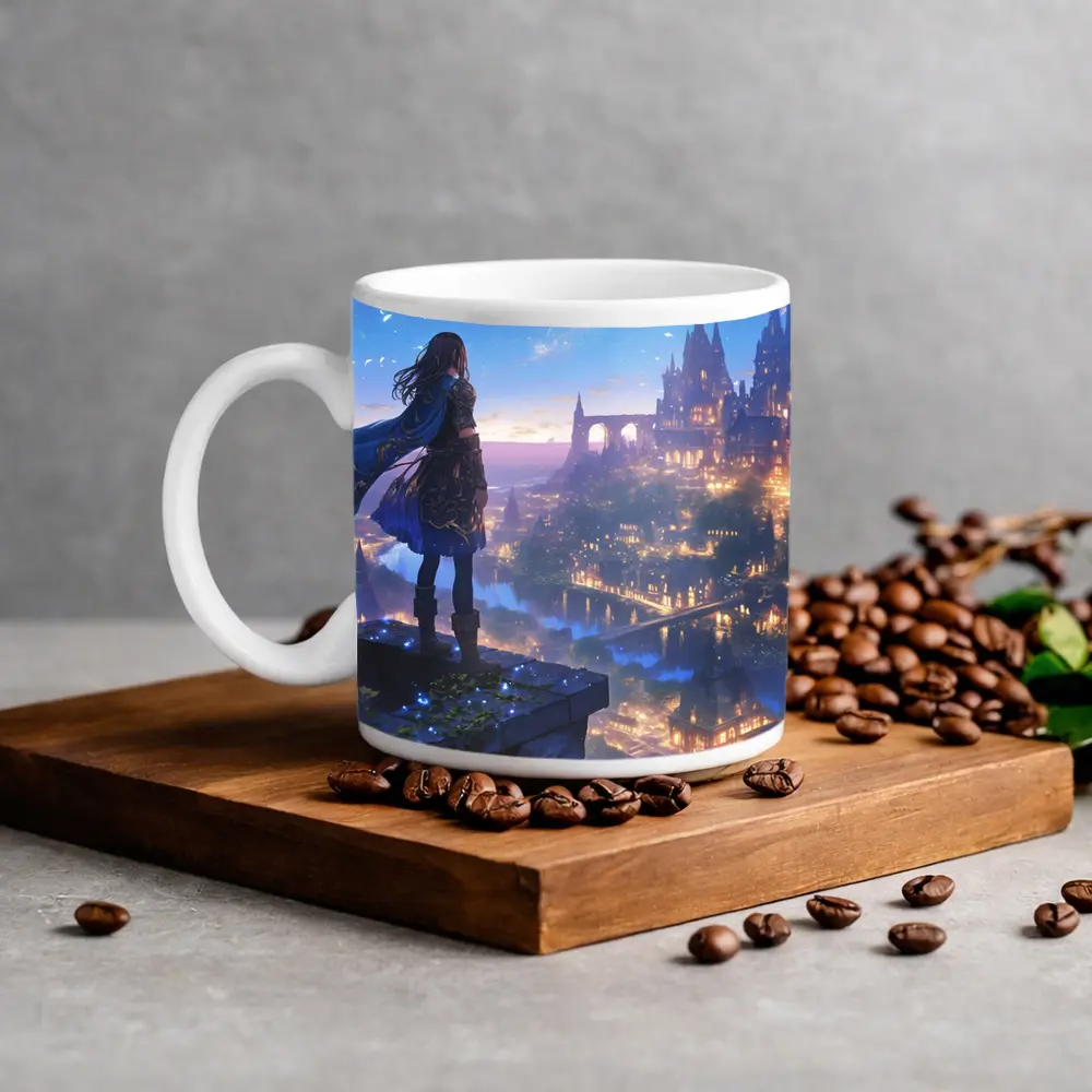 Anime Knight Overlooking Fantasy Castle City – Mugs