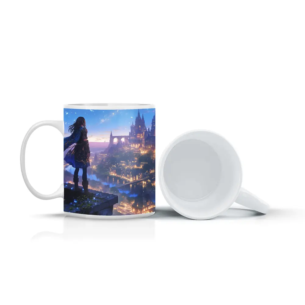 Anime Knight Overlooking Fantasy Castle City – Mugs
