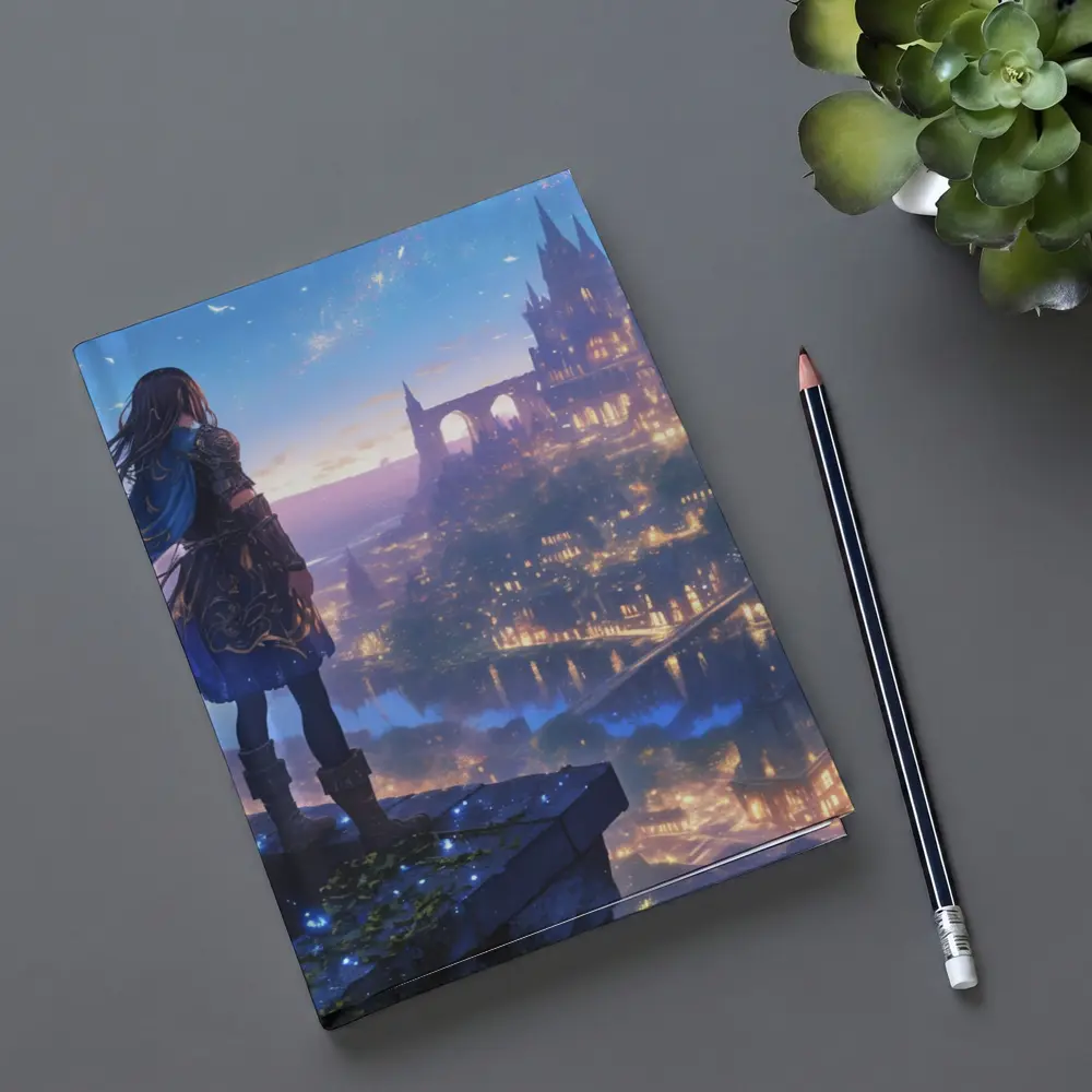 Anime Knight Overlooking Fantasy Castle City – Notebooks