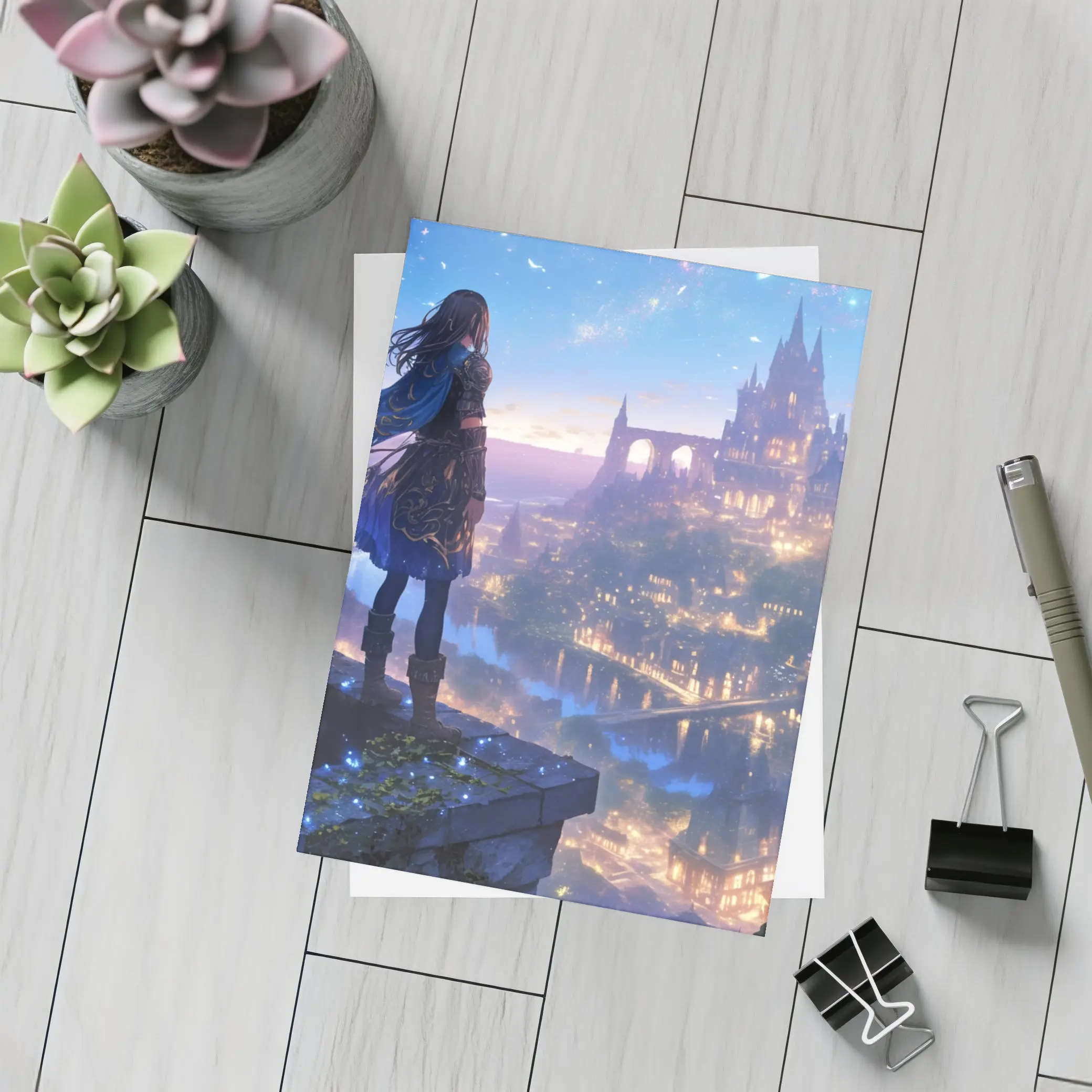 Anime Knight Overlooking Fantasy Castle City – Postcards