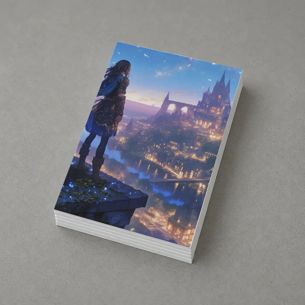 Anime Knight Overlooking Fantasy Castle City – Postcards