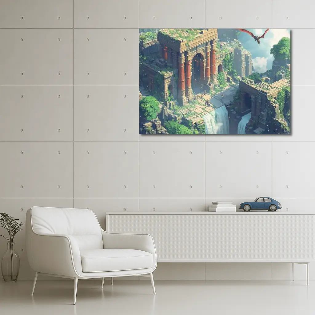 Fantasy Ruins Dragon Waterfall Pixel Art – Wall Art