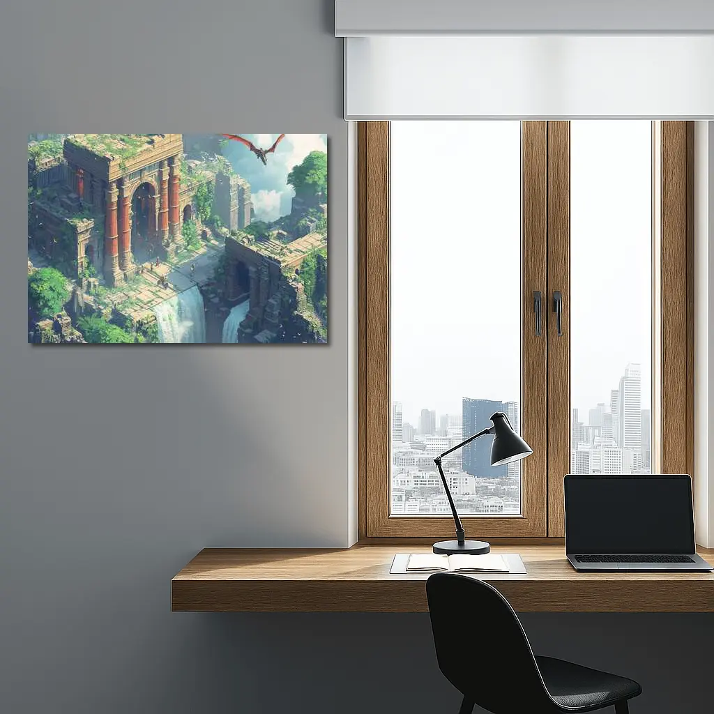 Fantasy Ruins Dragon Waterfall Pixel Art – Wall Art