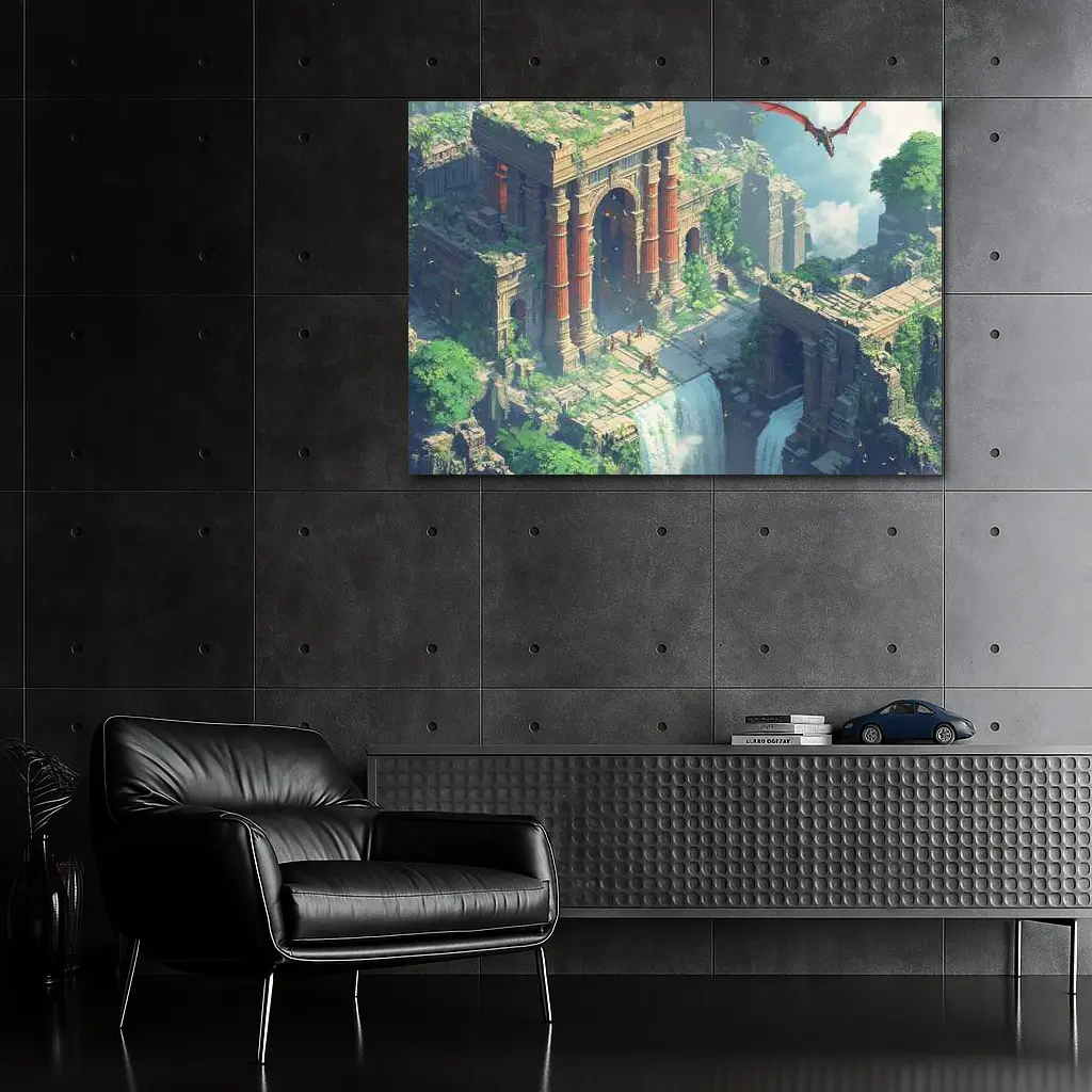 Fantasy Ruins Dragon Waterfall Pixel Art – Wall Art