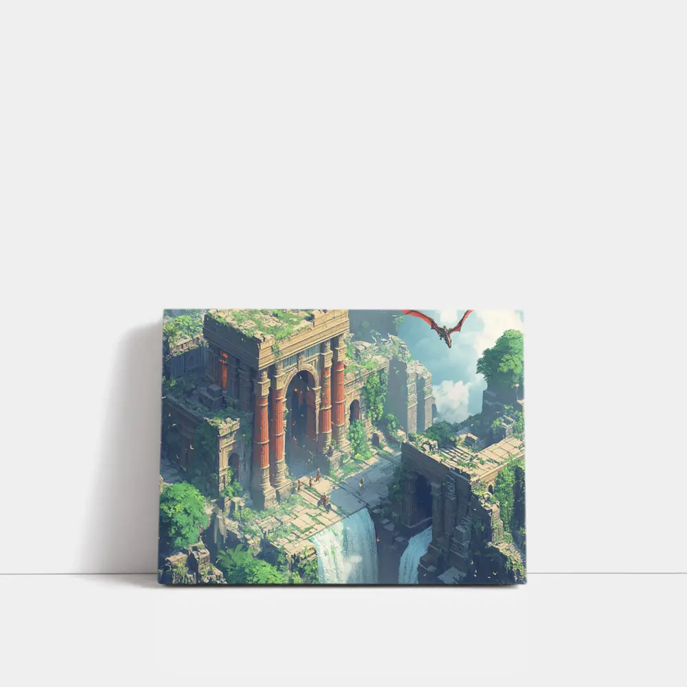 Fantasy Ruins Dragon Waterfall Pixel Art – Wall Art