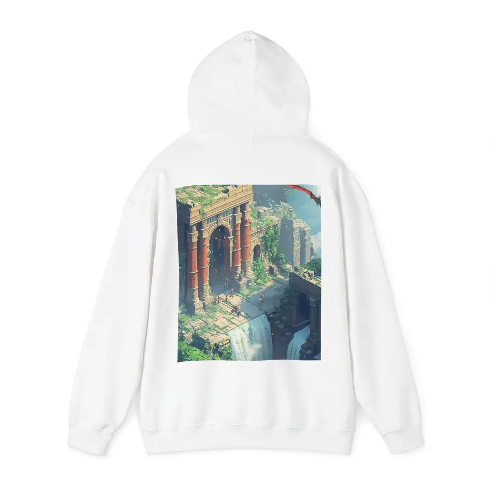 Fantasy Ruins Dragon Waterfall Pixel Art – Hoodies