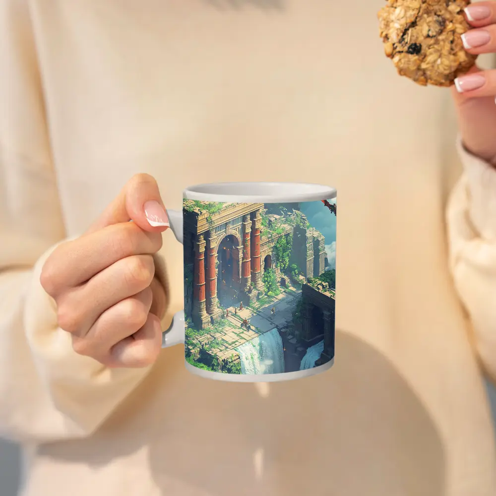 Fantasy Ruins Dragon Waterfall Pixel Art – Mugs