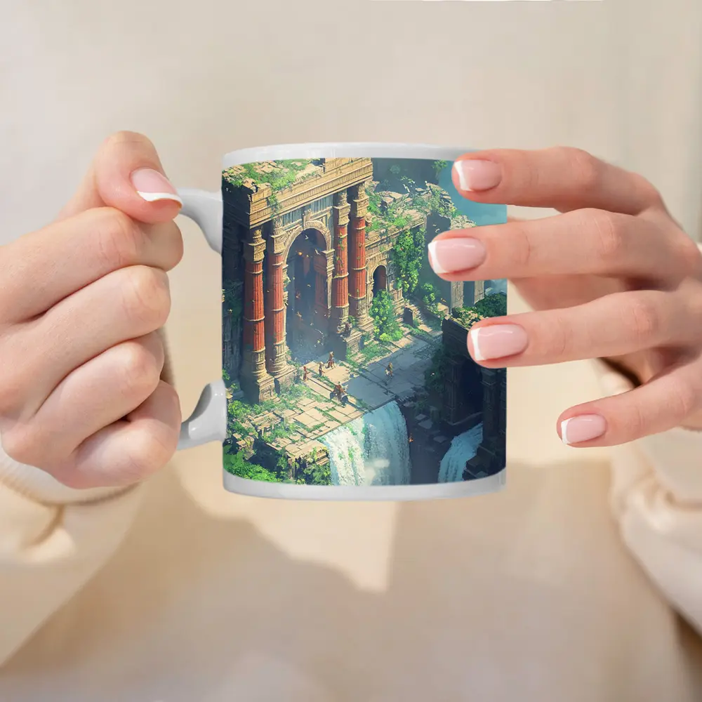 Fantasy Ruins Dragon Waterfall Pixel Art – Mugs