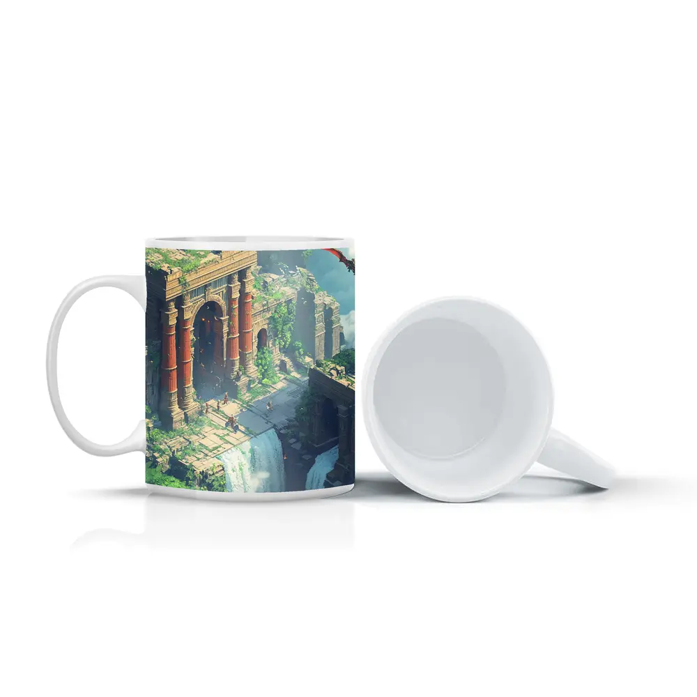 Fantasy Ruins Dragon Waterfall Pixel Art – Mugs