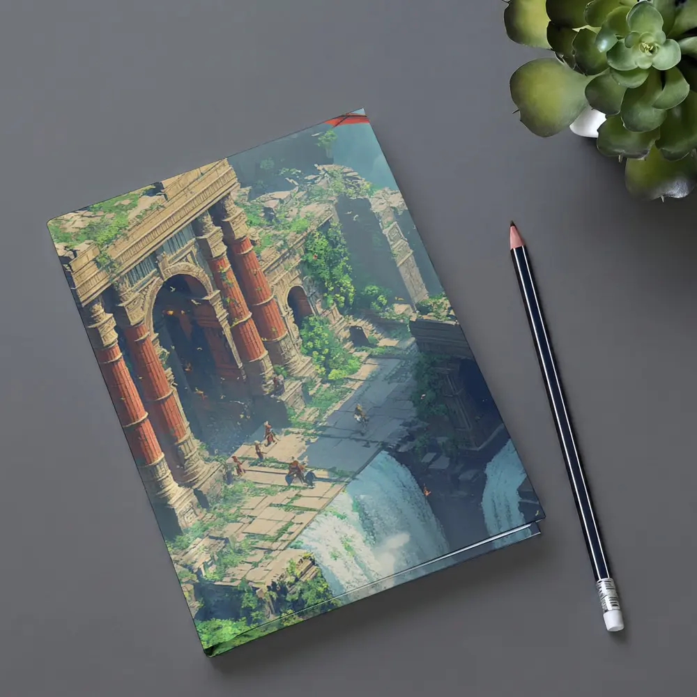 Fantasy Ruins Dragon Waterfall Pixel Art – Notebooks