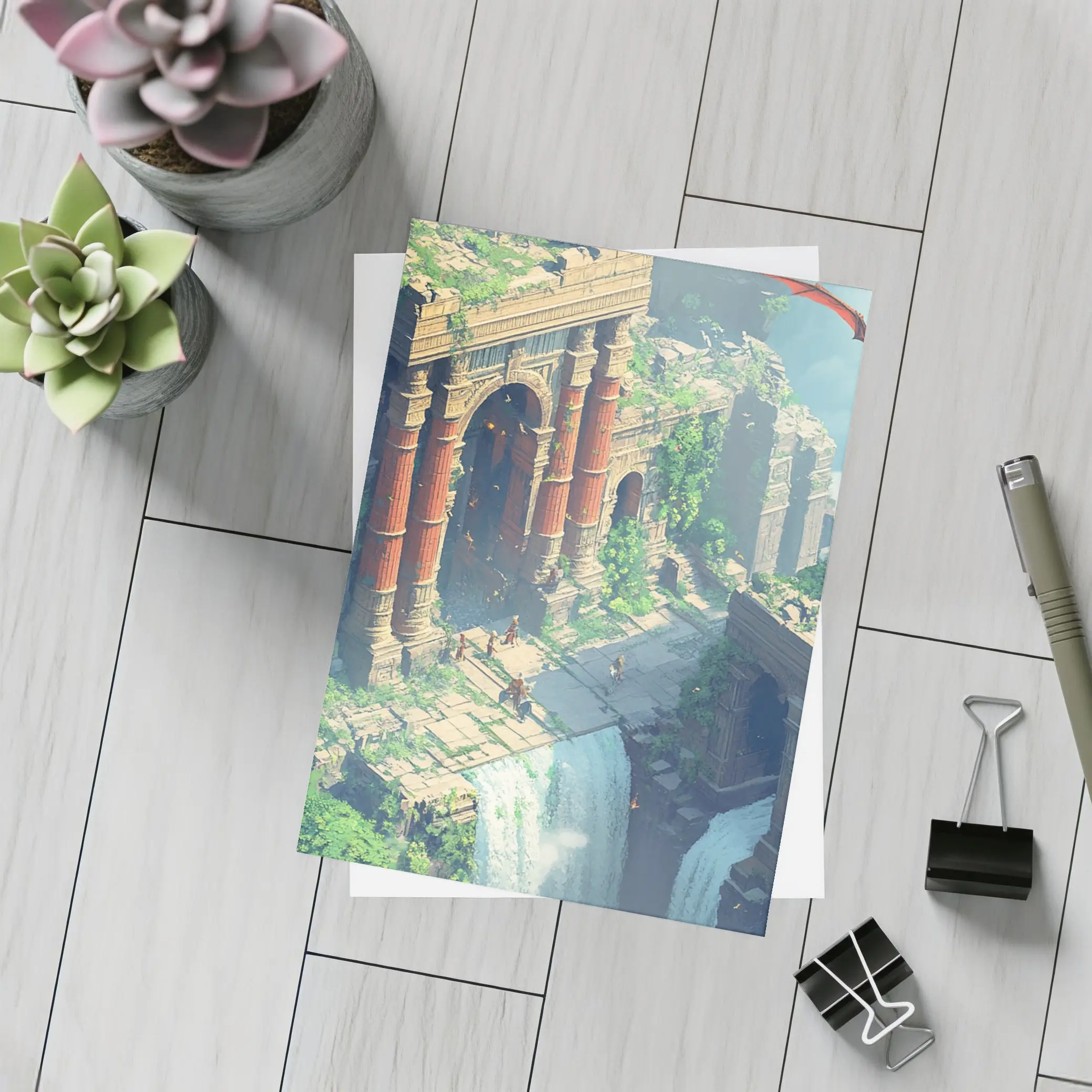 Fantasy Ruins Dragon Waterfall Pixel Art – Postcards
