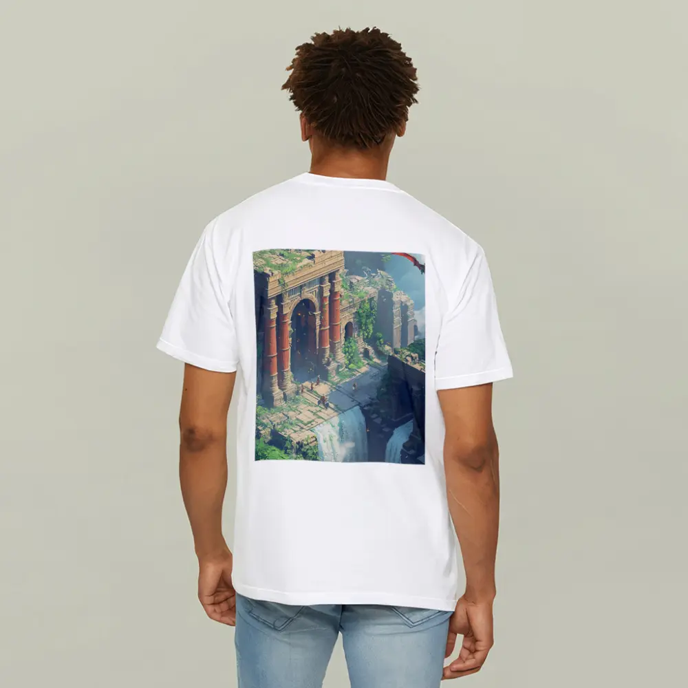 Fantasy Ruins Dragon Waterfall Pixel Art – T-Shirts