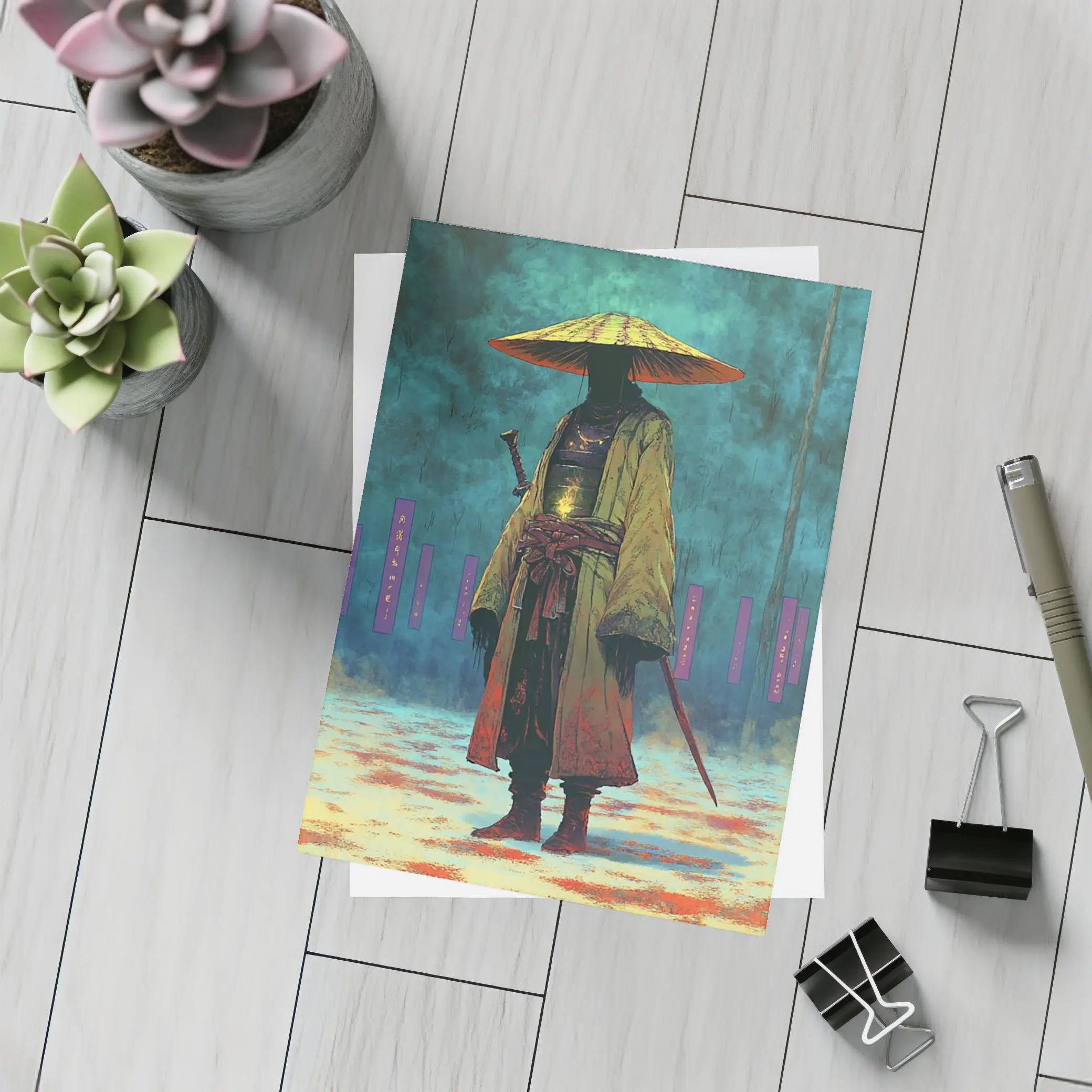 Lone Samurai Standing In Misty Forest – Postcards