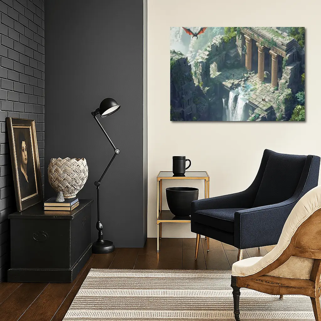Fantasy Dragon Ancient Ruins Waterfall Scene – Wall Art